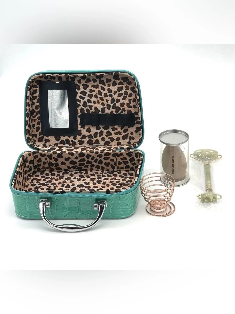 Green Croc-Embossed Travel Jewelry Cosmetic Case with Leopard Interior 4 pc Set